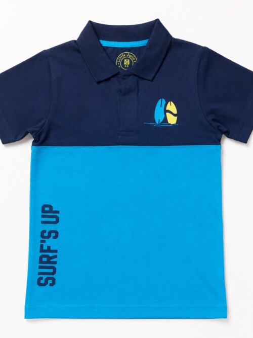 Boys blue polo shirt with surf print and navy blue collar design