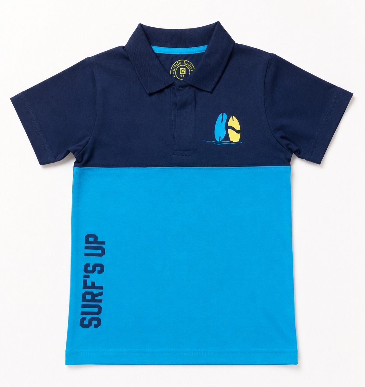 Boys blue polo shirt with surf print and navy blue collar design