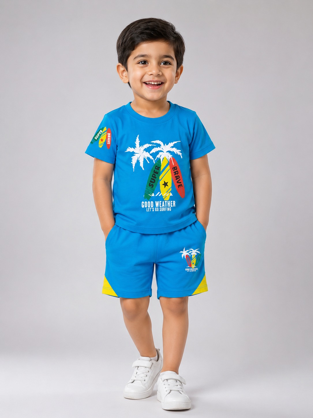 Boys blue surfing t-shirt and shorts set with palm tree and surfboard print