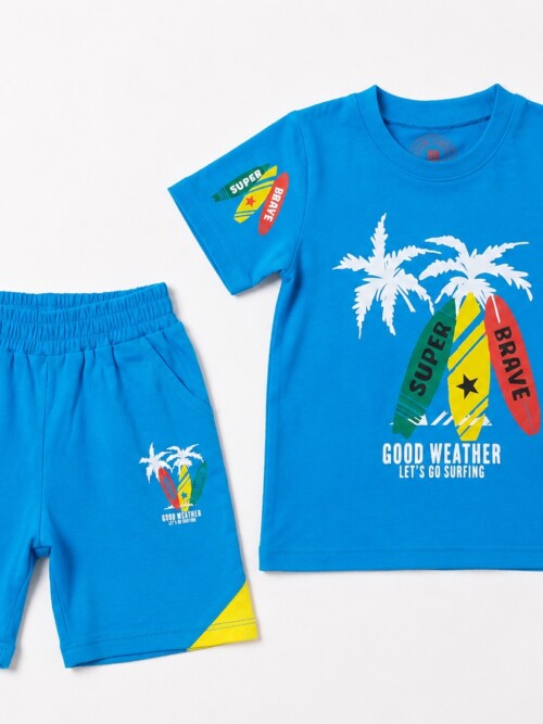Boys blue surfing t-shirt and shorts set with palm tree and surfboard print