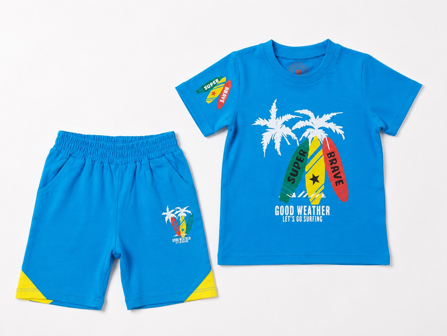 Boys blue surfing t-shirt and shorts set with palm tree and surfboard print