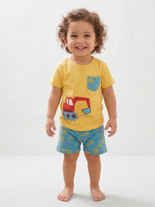 Baby boy wearing yellow excavator print cotton t-shirt with blue printed shorts summer outfit