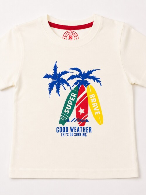 Boys cream cotton surfing graphic t-shirt with colorful surfboards and palm tree print, soft summer half sleeves casual wear for kids and toddlers up to 5-6 years