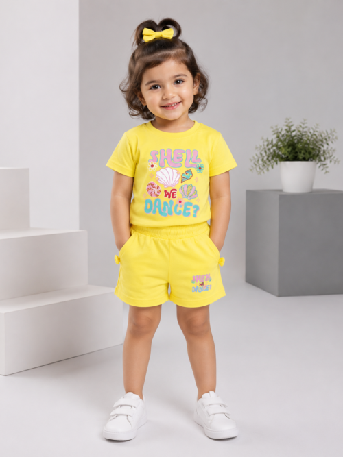 Yellow girls cotton summer t-shirt and shorts set with Shell We Dance print for kids fashion in Pakistan