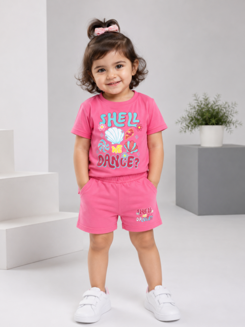 Cute pink girls summer t-shirt and shorts set with Shell We Dance print made with 100 percent cotton fabric
