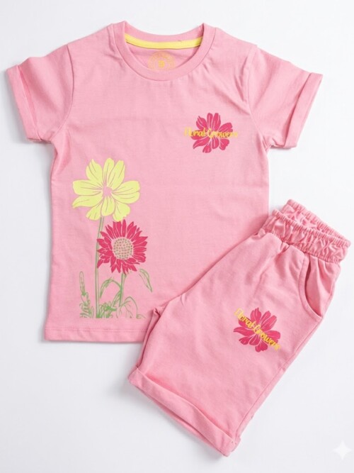 Bachaa Squad girls pink t-shirt and shorts flower print summer suit on a white background