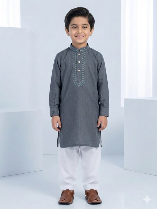 Grey Embroidered Kurta for Boys