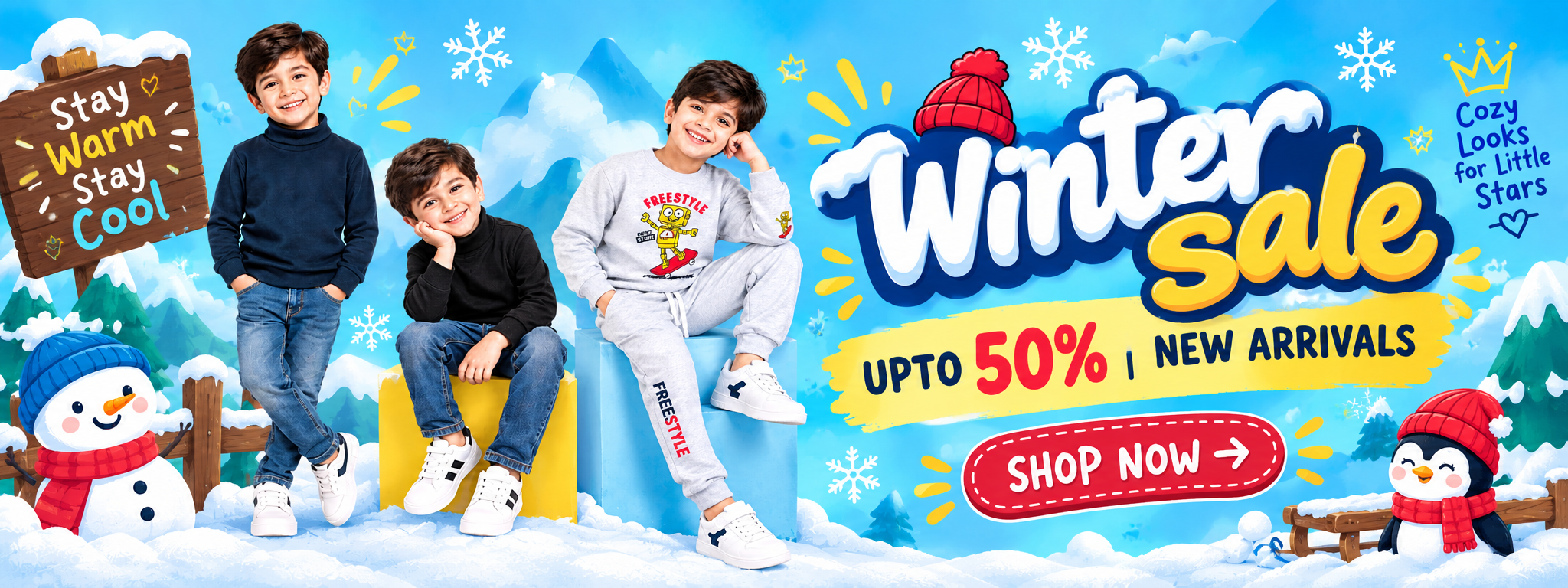 BachaaSquad kids clothing collection featuring diverse children aged 9 months to 12 years wearing colorful summer outfits including cartoon t-shirts, polo shirts, and dresses in a cozy modern living room, smiling, playing, and showcasing comfortable stylish kids fashion for boys and girls.