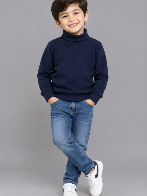 Kids Navy Blue Cotton Lycra Rib High Neck Full Sleeve Winter Wear by Bachaa Squad