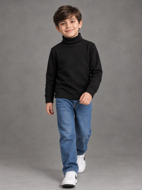 the Bachaa Squad Black High Neck is a wardrobe staple for every child. Made from premium Cotton Lycra Rib fabric, it offers warmth, softness, and all-day comfort for the winter season.
