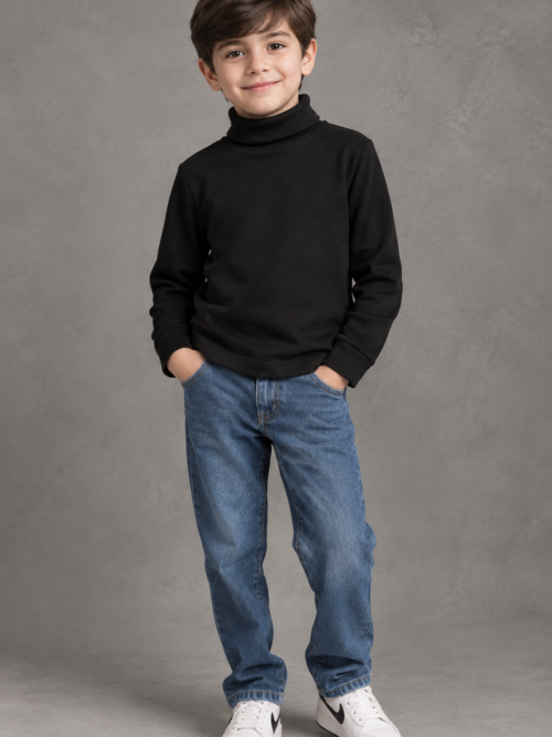 Bachaa Squad Kids Black 100% Cotton Lycra Rib Full Sleeve High Neck Winter Wear for Boys and Girls