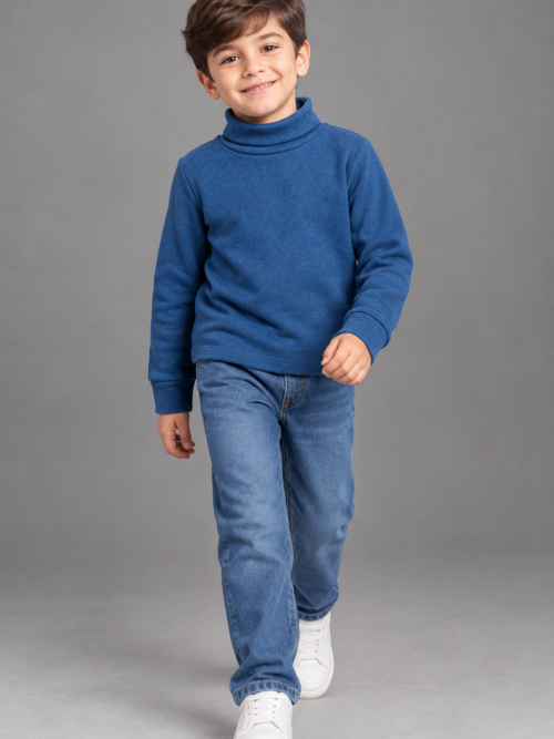 Bachaa Squad Kids Mid Blue 100% Cotton Lycra Rib Full Sleeve High Neck Winter Wear for Boys and Girls