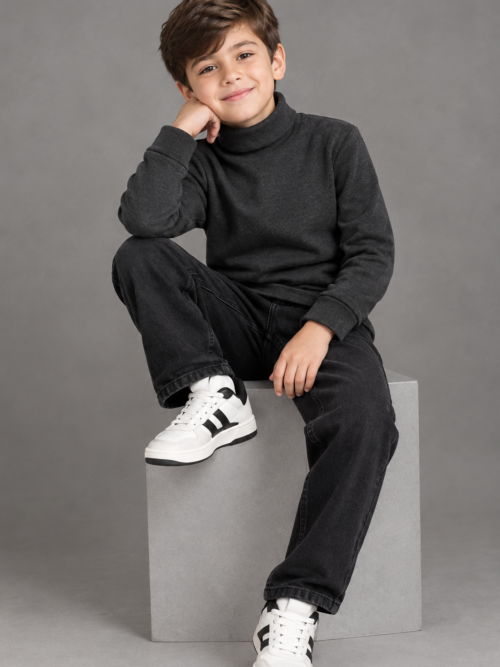 Bachaa Squad Kids Charcoal 100% Cotton Lycra Rib Full Sleeve High Neck Winter Wear for Boys and Girls