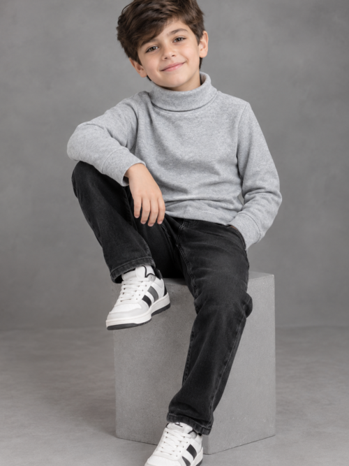 Heather Grey Kids 100% Cotton Lycra Rib Full Sleeve High Neck Winter Wear by Bachaa Squad